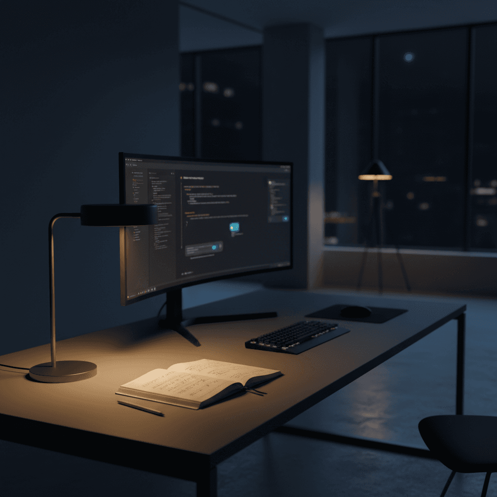 AI assistant workspace with notebook and stylus at night